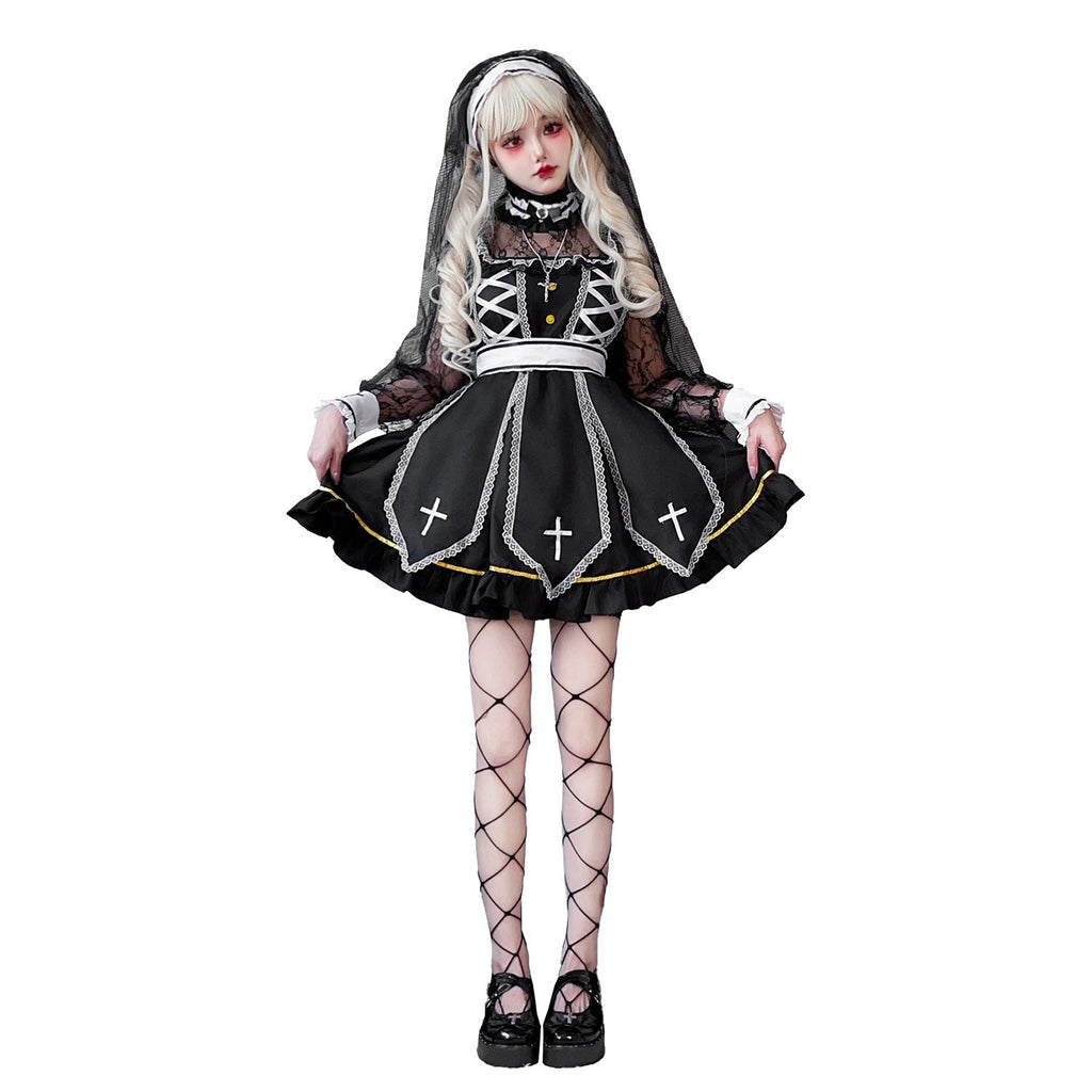 Women's gothic Halloween costume dress in black and white with sheer lace sleeves and embroidered cross panels - view 2