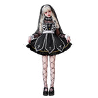 Women's gothic Halloween costume dress in black and white with sheer lace sleeves and embroidered cross panels - view 2