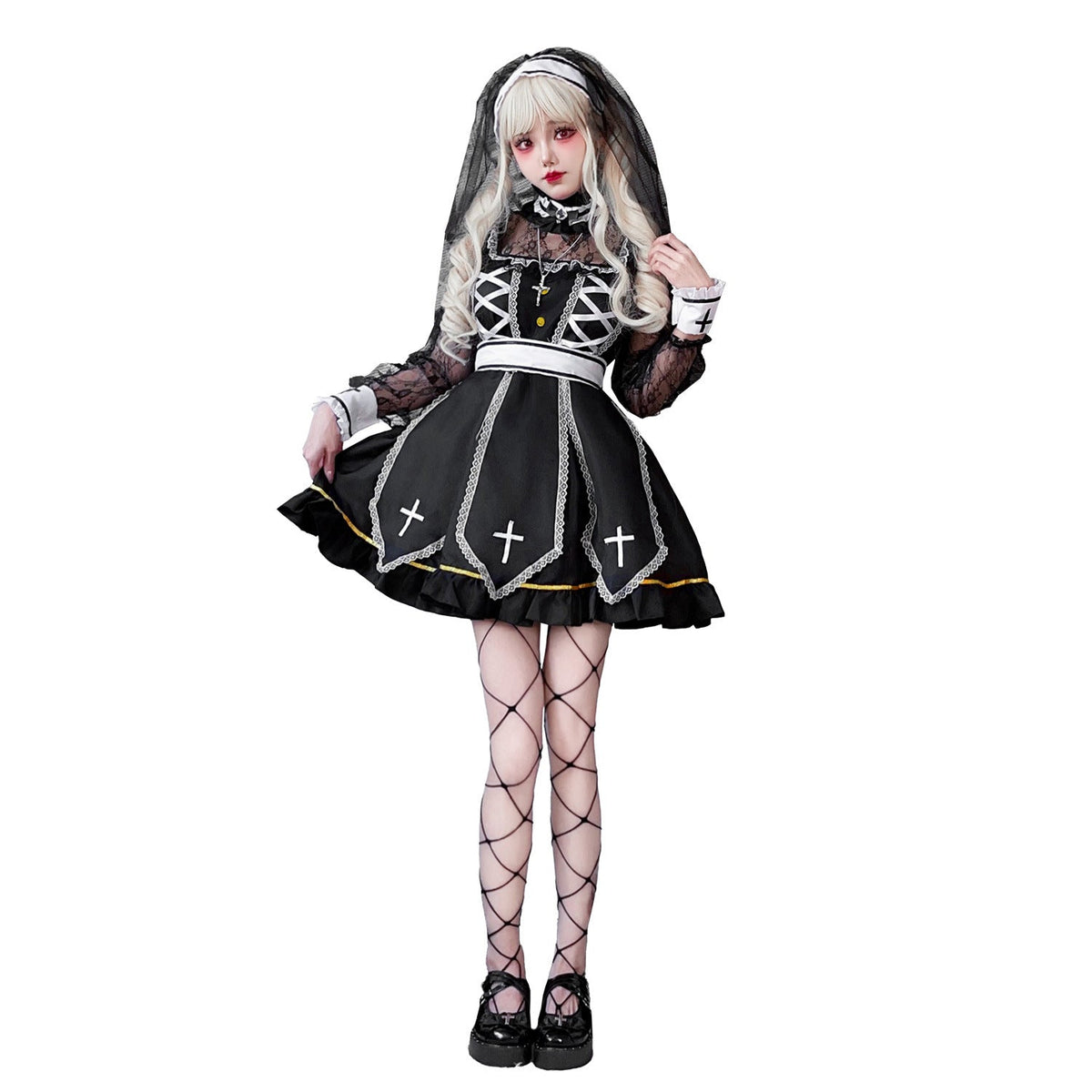 Women's gothic Halloween costume dress in black and white with sheer lace sleeves and embroidered cross panels - view 3