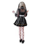 Women's gothic Halloween costume dress in black and white with sheer lace sleeves and embroidered cross panels - view 4