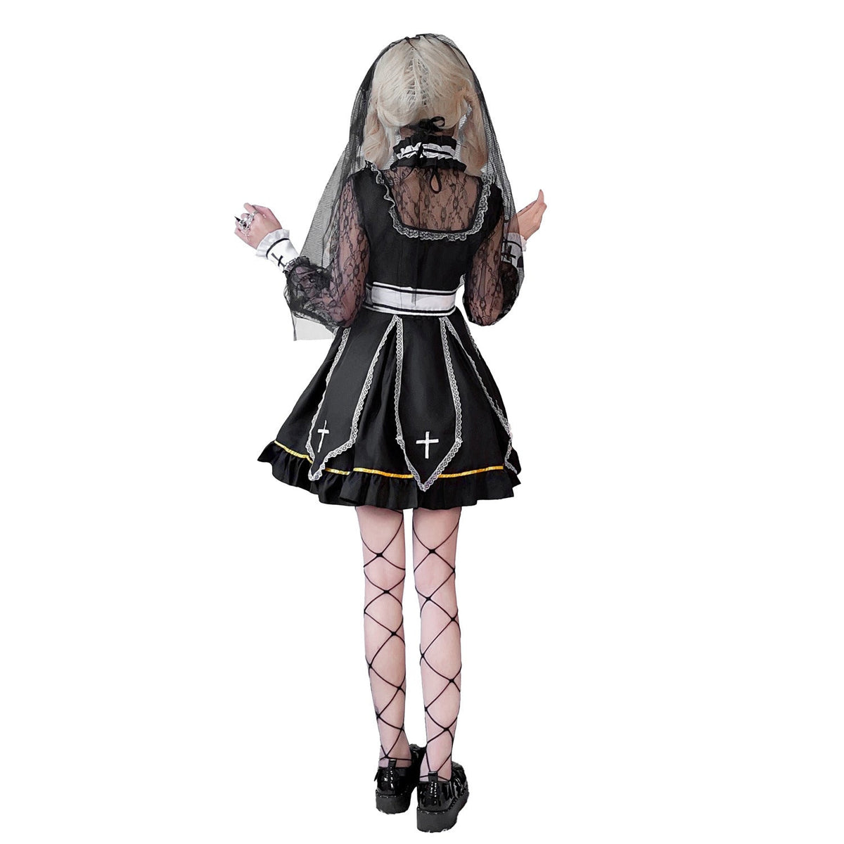Women's gothic Halloween costume dress in black and white with sheer lace sleeves and embroidered cross panels - view 4