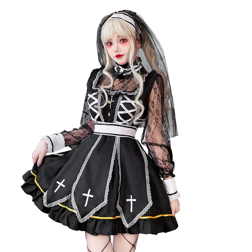 Women's gothic Halloween costume dress in black and white with sheer lace sleeves and embroidered cross panels - view 5