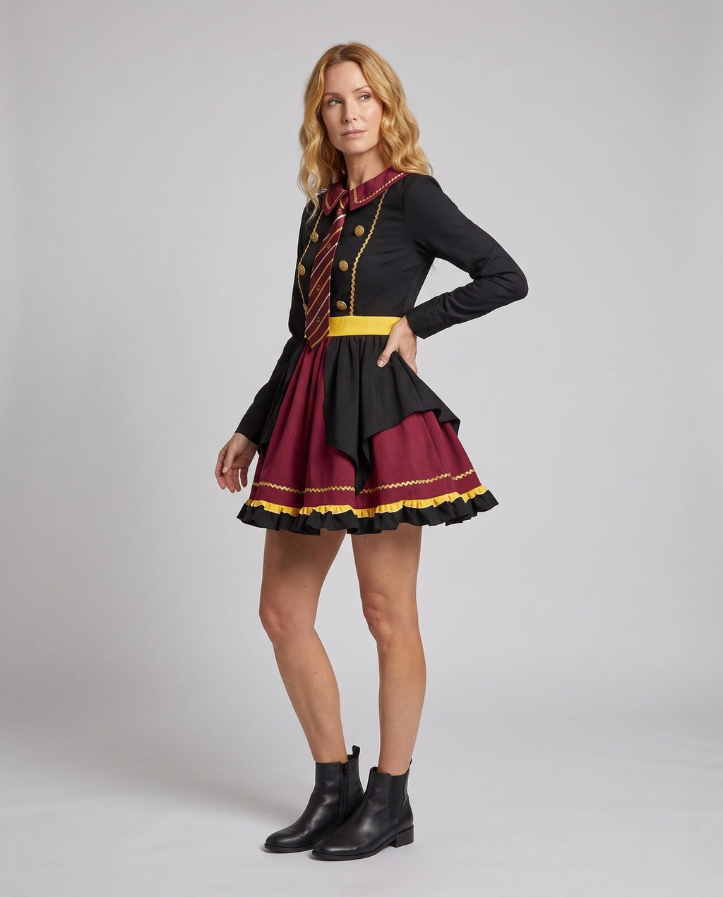 Women's black and burgundy school uniform Halloween costume dress with striped tie and ruffle skirt
