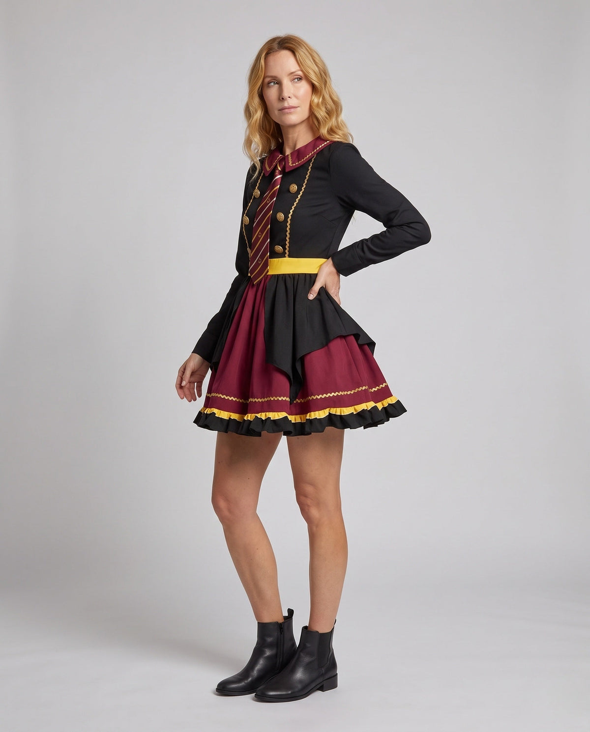 Women's black and burgundy school uniform Halloween costume dress with striped tie and ruffle skirt