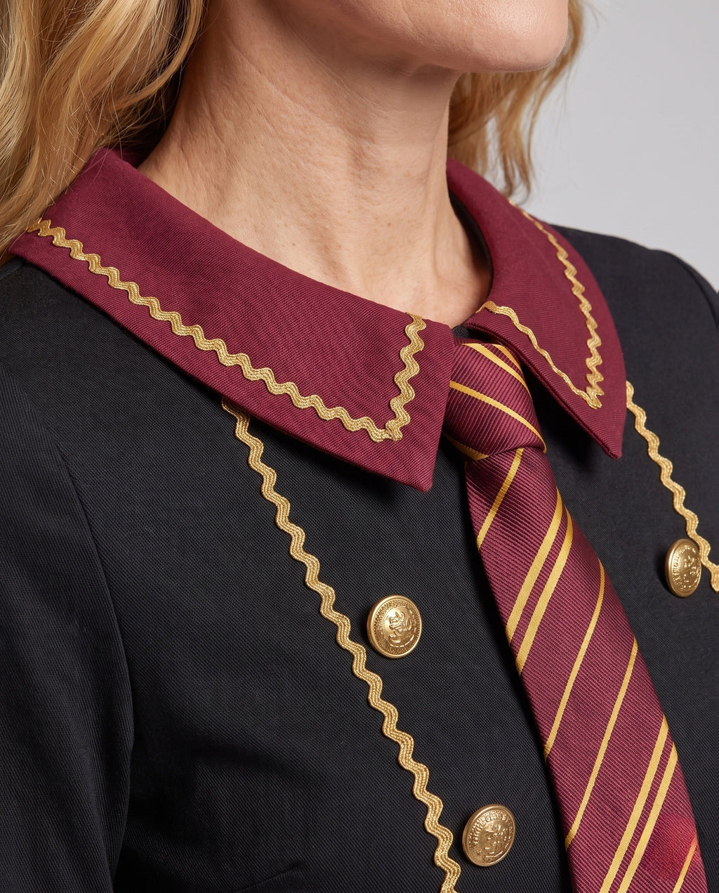 Women's black and burgundy school uniform Halloween costume dress with striped tie and ruffle skirt - view 2