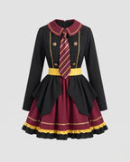 Women's black and burgundy school uniform Halloween costume dress with striped tie and ruffle skirt - view 4