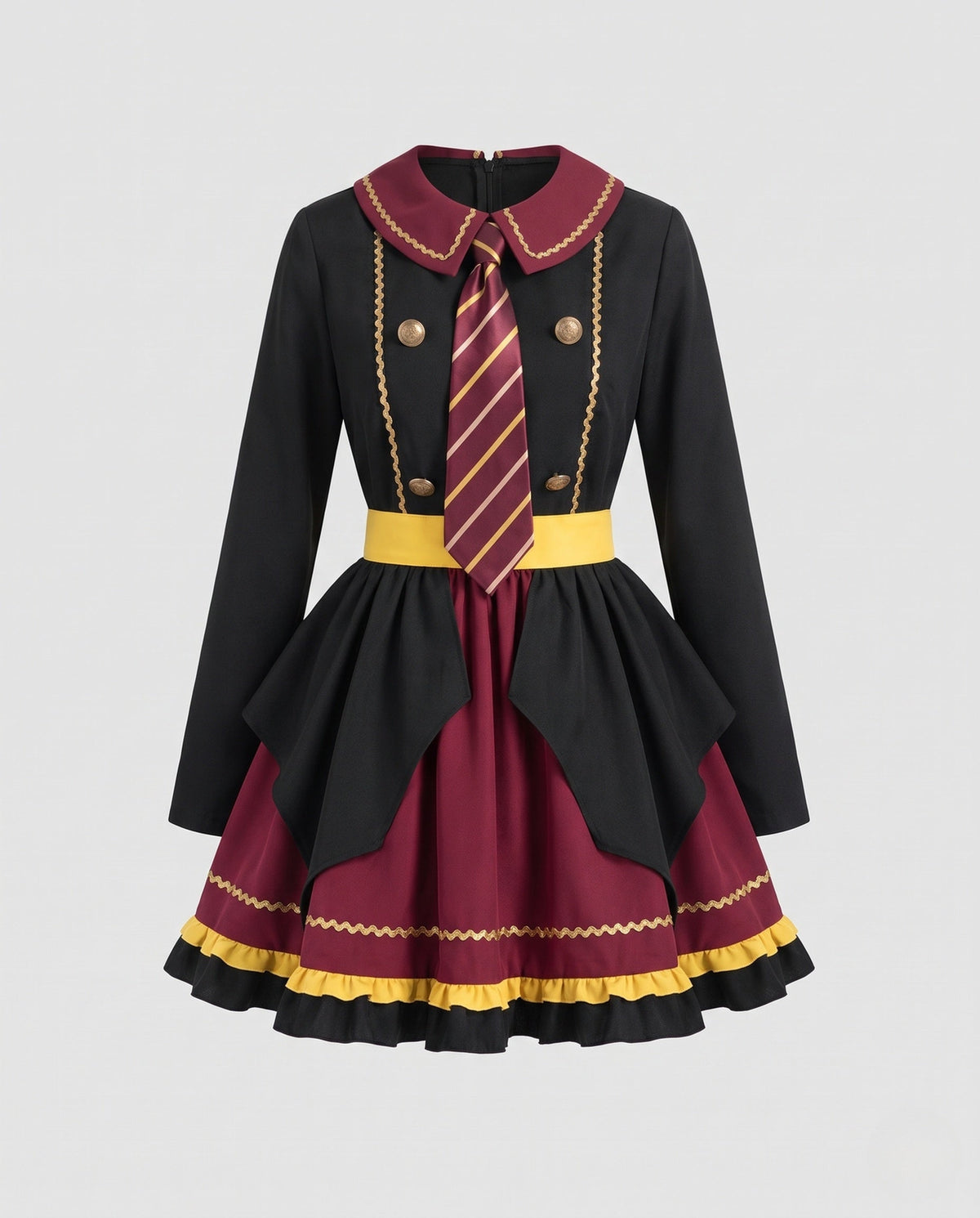 Women's black and burgundy school uniform Halloween costume dress with striped tie and ruffle skirt - view 4