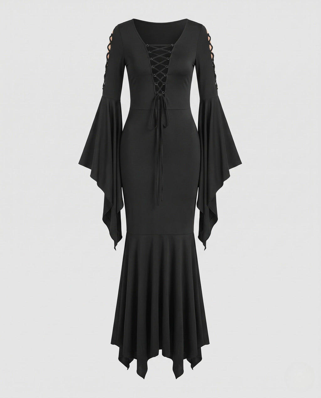 Woman wearing a black lace-up V-neck maxi dress with bell sleeves and mermaid handkerchief hem - view 5