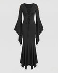 Woman wearing a black lace-up V-neck maxi dress with bell sleeves and mermaid handkerchief hem - view 5