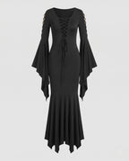Woman wearing a black lace-up V-neck maxi dress with bell sleeves and mermaid handkerchief hem - view 5