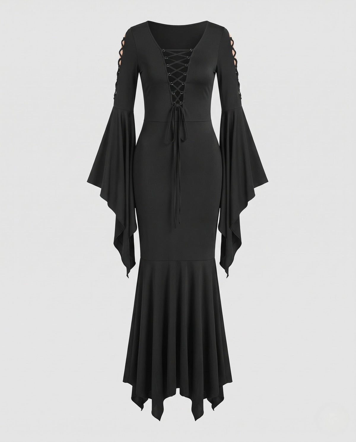 Woman wearing a black lace-up V-neck maxi dress with bell sleeves and mermaid handkerchief hem - view 5