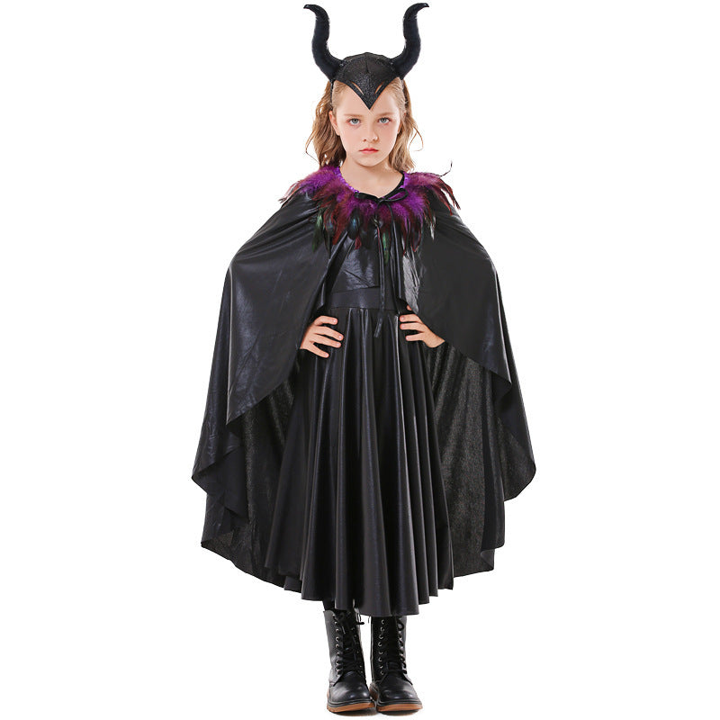 Girls black horned Halloween costume with feather-collar cape and leather-look swing dress