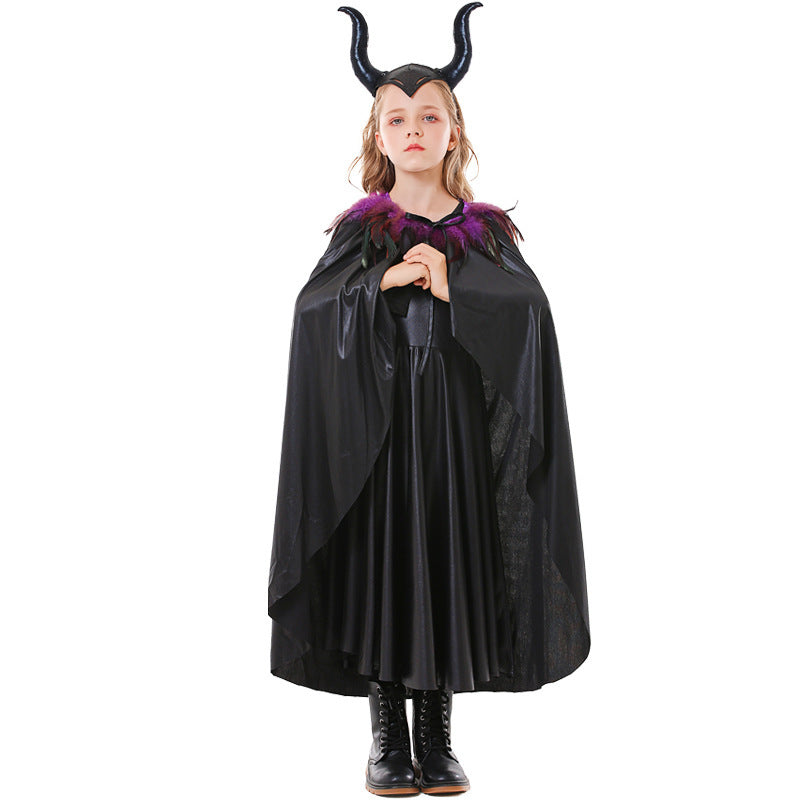 Girls black horned Halloween costume with feather-collar cape and leather-look swing dress - view 2