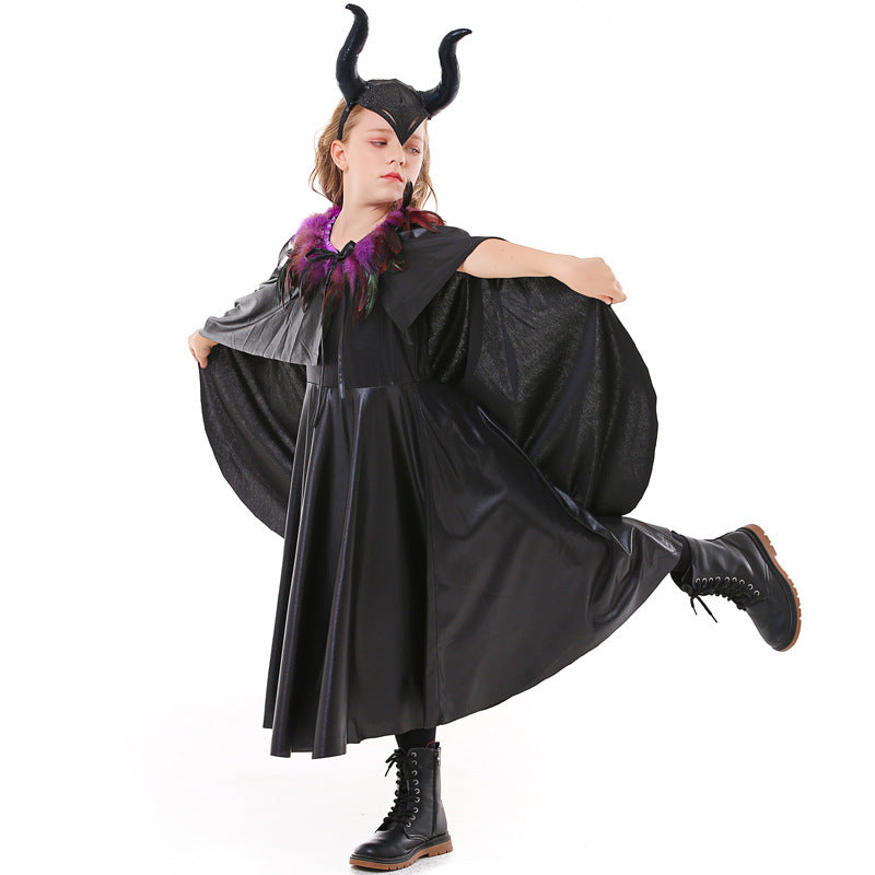 Girls black horned Halloween costume with feather-collar cape and leather-look swing dress - view 3