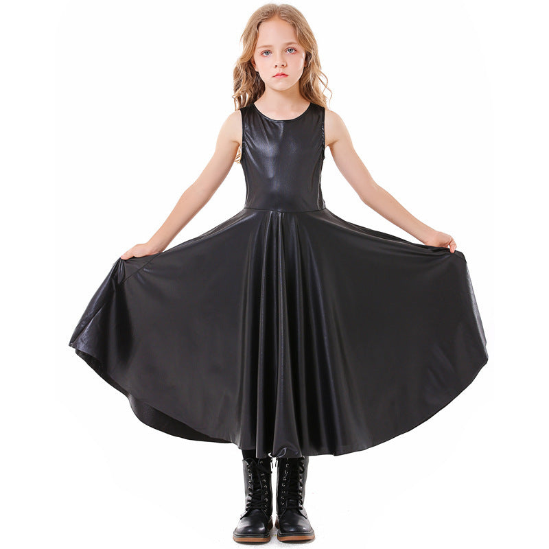 Girls black horned Halloween costume with feather-collar cape and leather-look swing dress - view 4