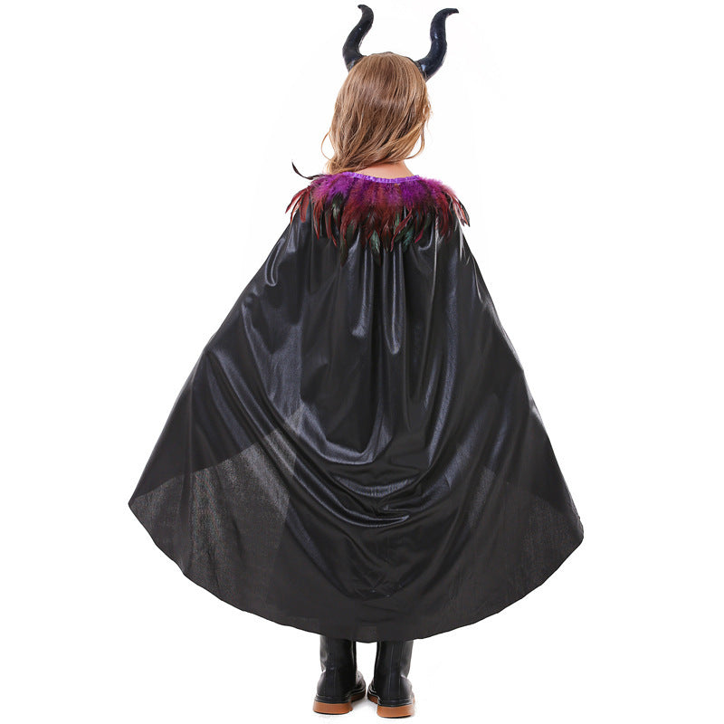 Girls black horned Halloween costume with feather-collar cape and leather-look swing dress - view 5