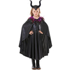 Girls black horned Halloween costume with feather-collar cape and leather-look swing dress - view 6