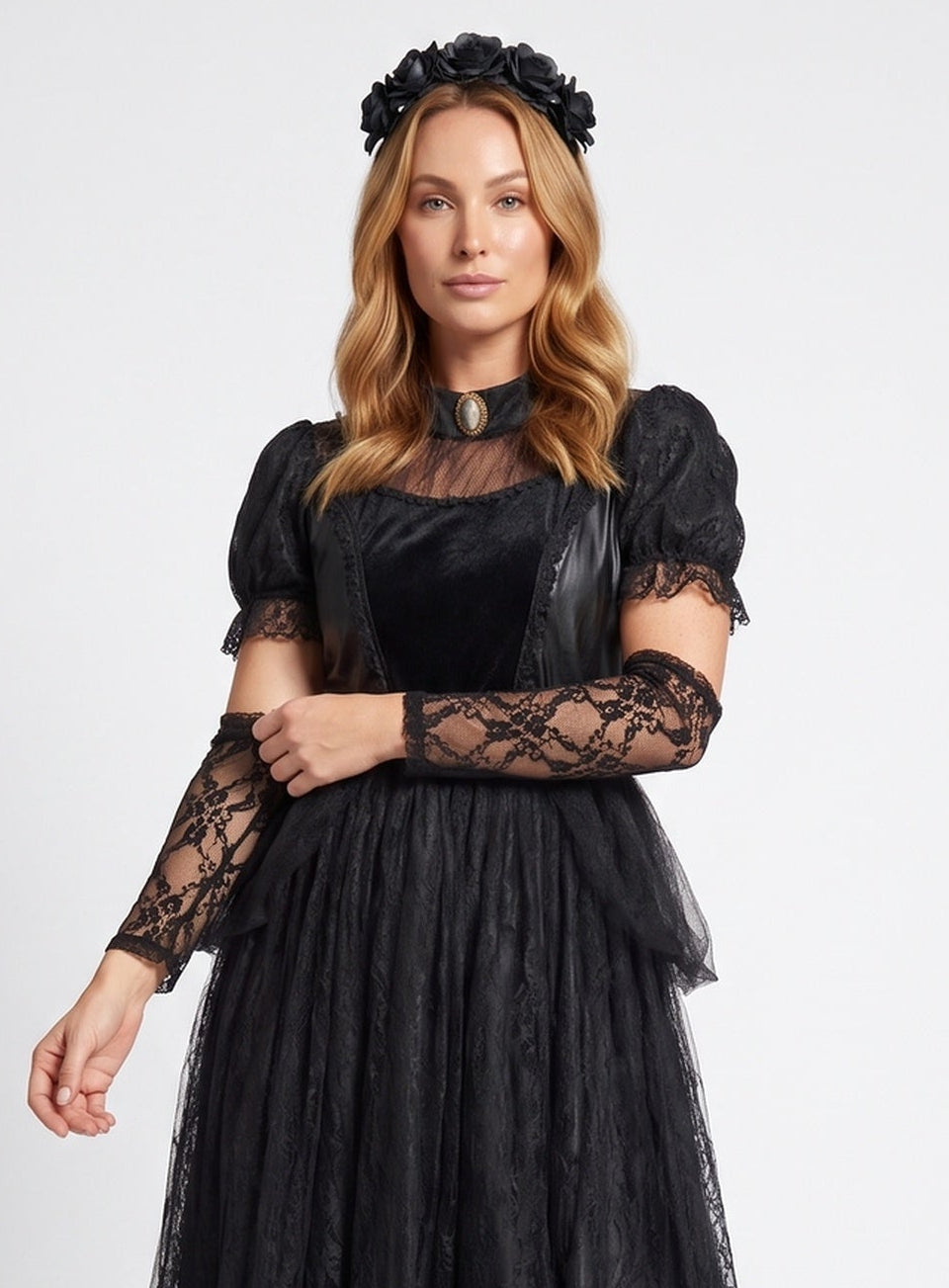 Woman wearing black gothic lace Halloween costume dress with cameo collar, velvet bodice and tulle skirt - view 2