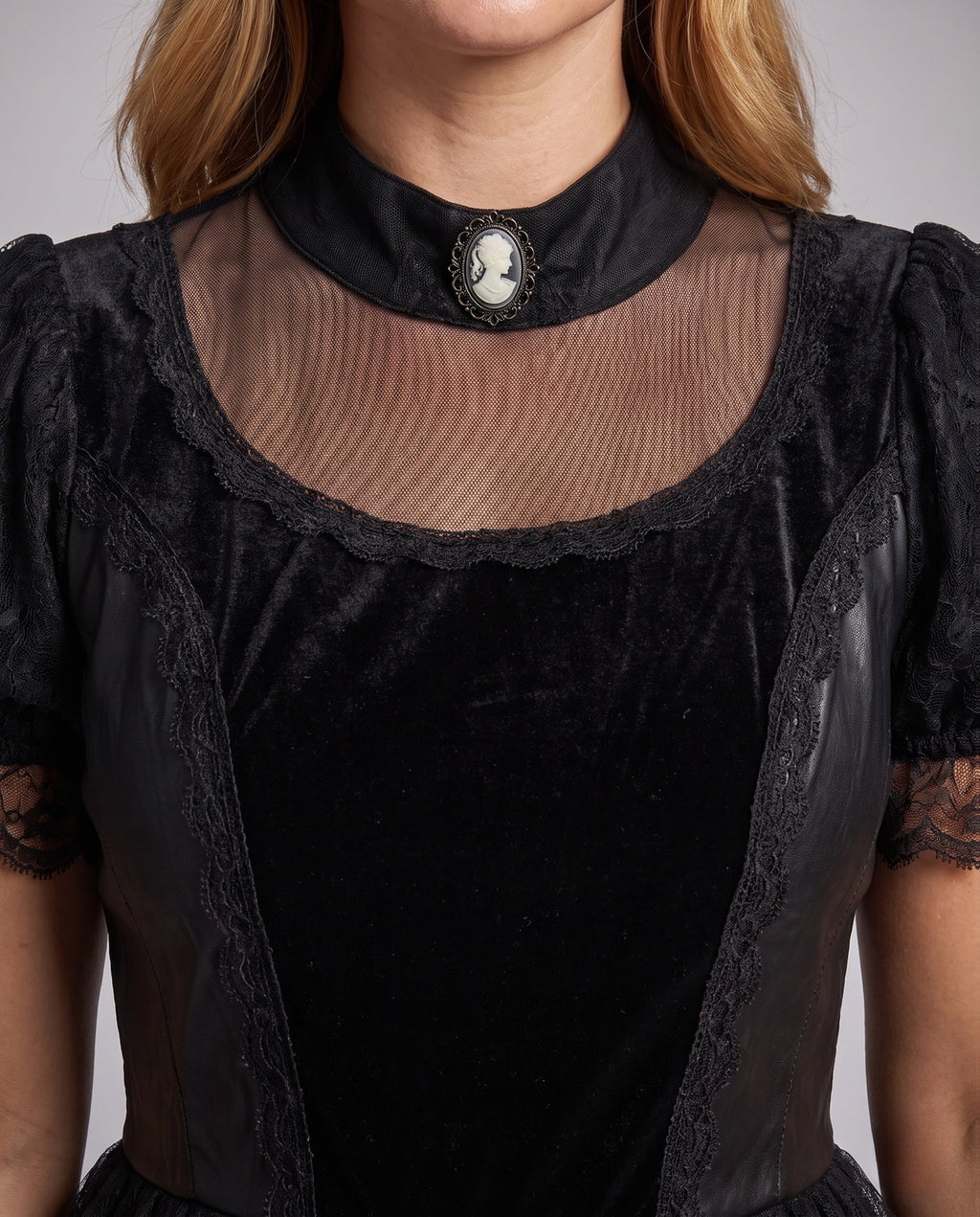 Woman wearing black gothic lace Halloween costume dress with cameo collar, velvet bodice and tulle skirt - view 3