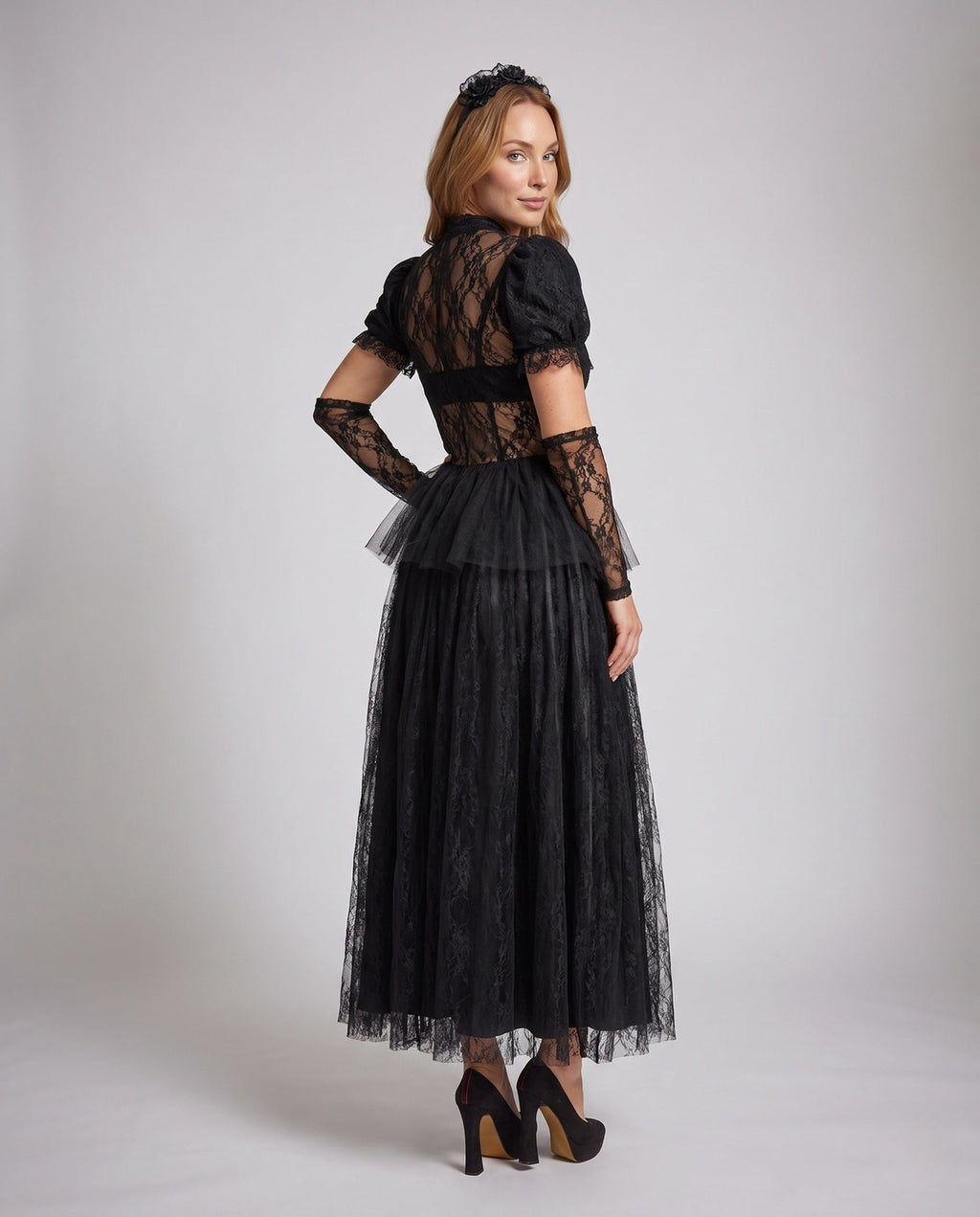 Woman wearing black gothic lace Halloween costume dress with cameo collar, velvet bodice and tulle skirt - view 4