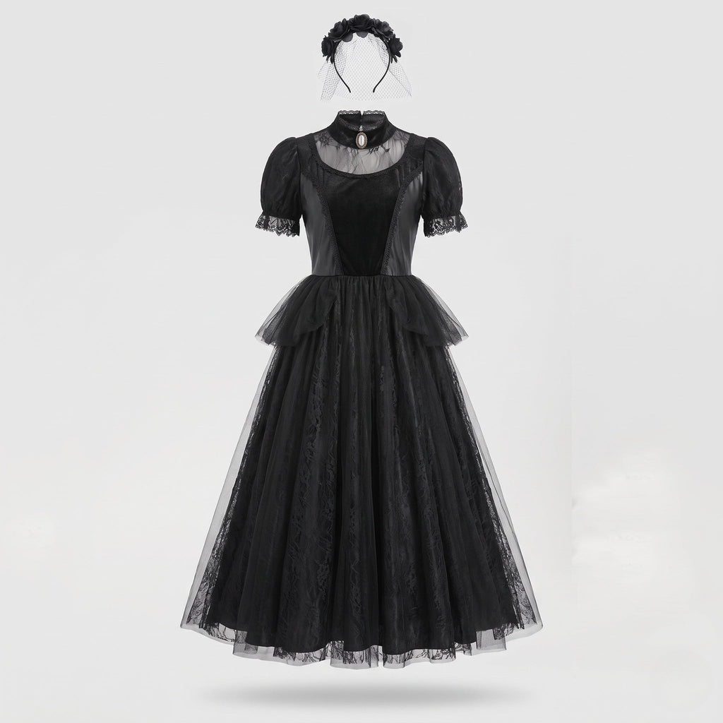 Woman wearing black gothic lace Halloween costume dress with cameo collar, velvet bodice and tulle skirt - view 5