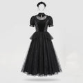 Woman wearing black gothic lace Halloween costume dress with cameo collar, velvet bodice and tulle skirt - view 5