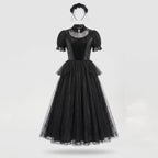 Woman wearing black gothic lace Halloween costume dress with cameo collar, velvet bodice and tulle skirt - view 5