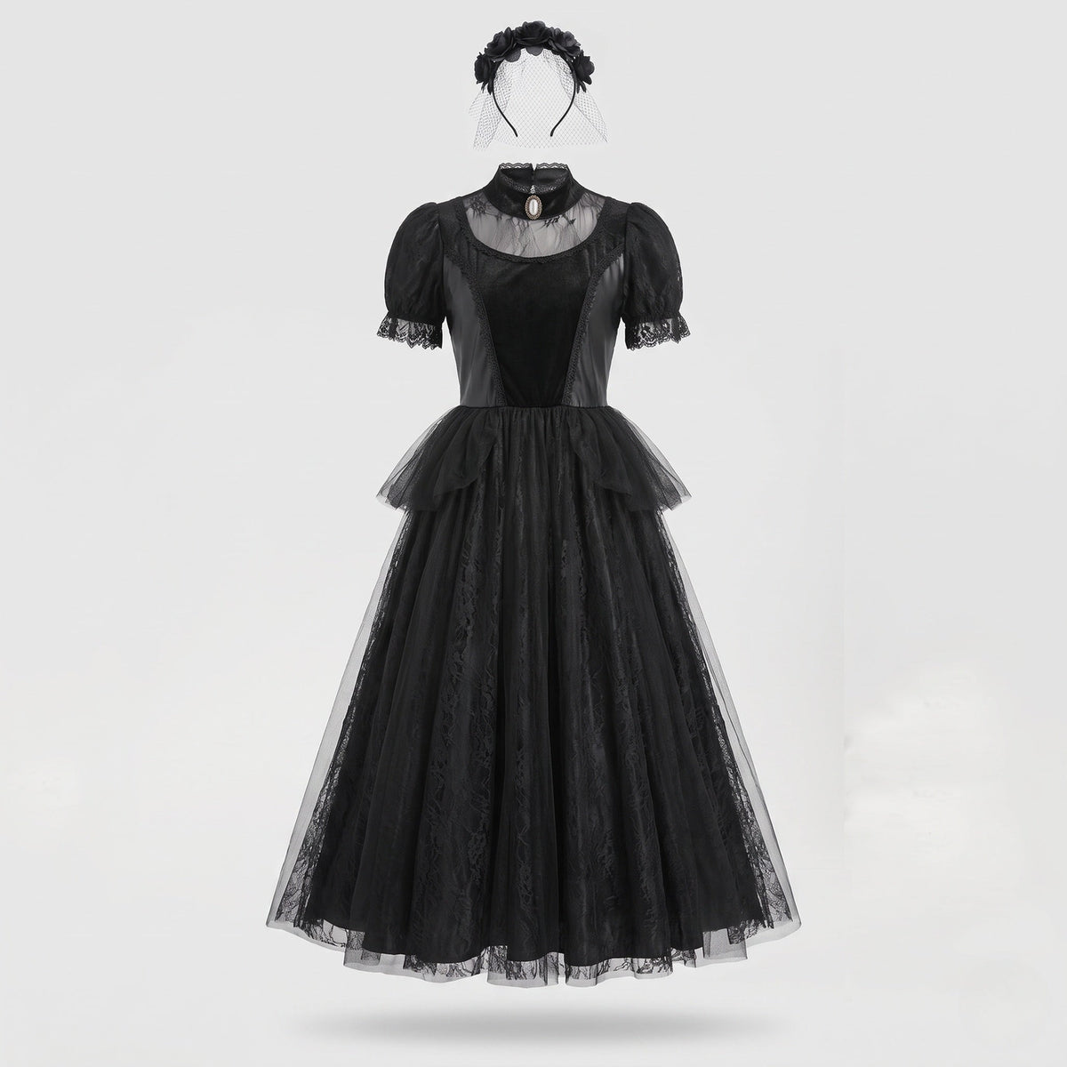 Woman wearing black gothic lace Halloween costume dress with cameo collar, velvet bodice and tulle skirt - view 5