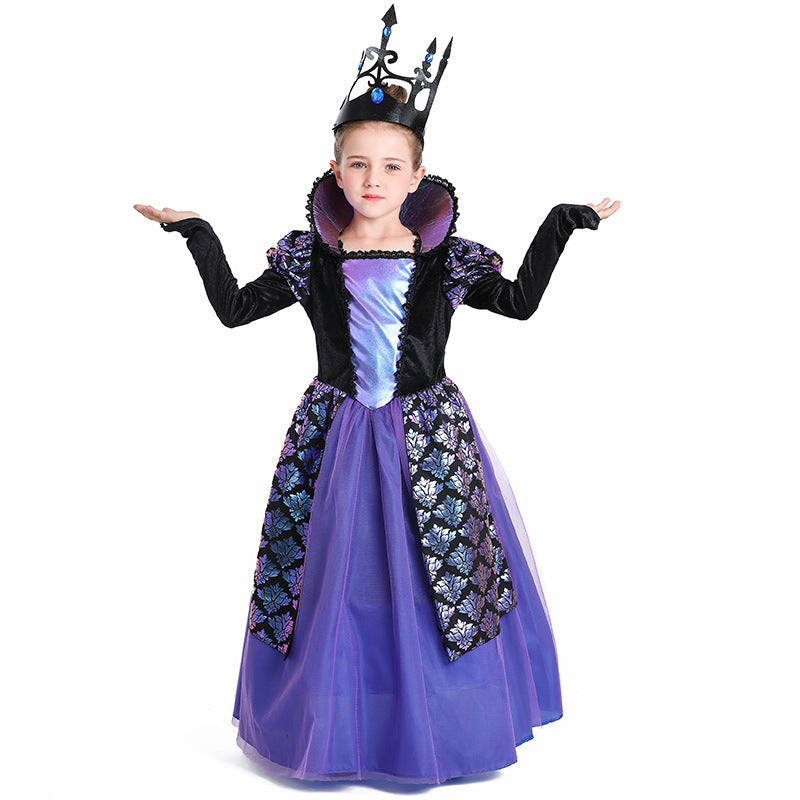 Girls dark queen Halloween costume with high collar, black velvet bodice and purple tulle skirt