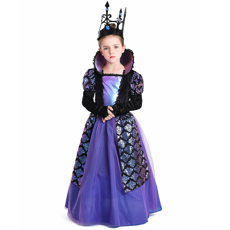 Girls dark queen Halloween costume with high collar, black velvet bodice and purple tulle skirt - view 2