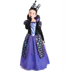 Girls dark queen Halloween costume with high collar, black velvet bodice and purple tulle skirt - view 3