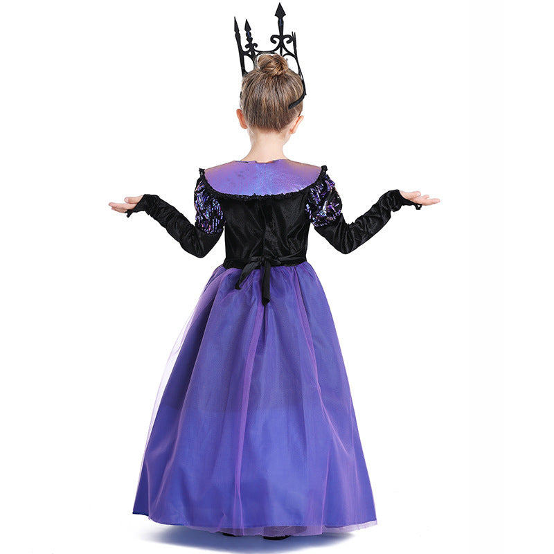 Girls dark queen Halloween costume with high collar, black velvet bodice and purple tulle skirt - view 4