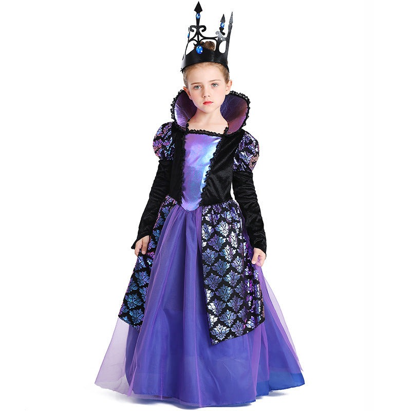 Girls dark queen Halloween costume with high collar, black velvet bodice and purple tulle skirt - view 6