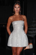 White strapless beaded lattice homecoming mini dress with flared skirt