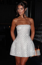 White strapless beaded lattice homecoming mini dress with flared skirt - view 2