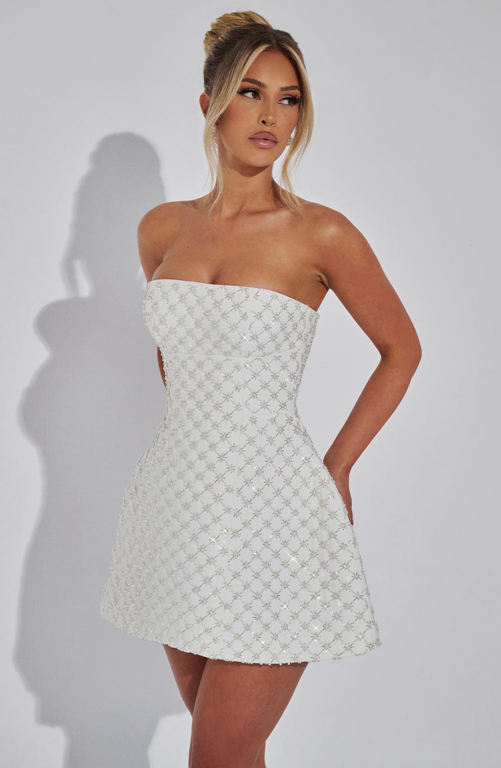 White strapless beaded lattice homecoming mini dress with flared skirt - view 4