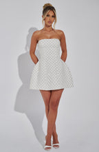 White strapless beaded lattice homecoming mini dress with flared skirt - view 6