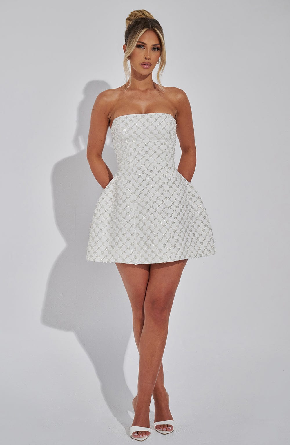 White strapless beaded lattice homecoming mini dress with flared skirt - view 6