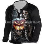 Men's Halloween long sleeve henley shirt with grim reaper and jack-o'-lantern graphic print