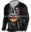 Men's Halloween long sleeve henley shirt with grim reaper and jack-o'-lantern graphic print - view 2