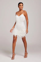 Beaded fringe cocktail dress with feather hem and spaghetti straps - view 2