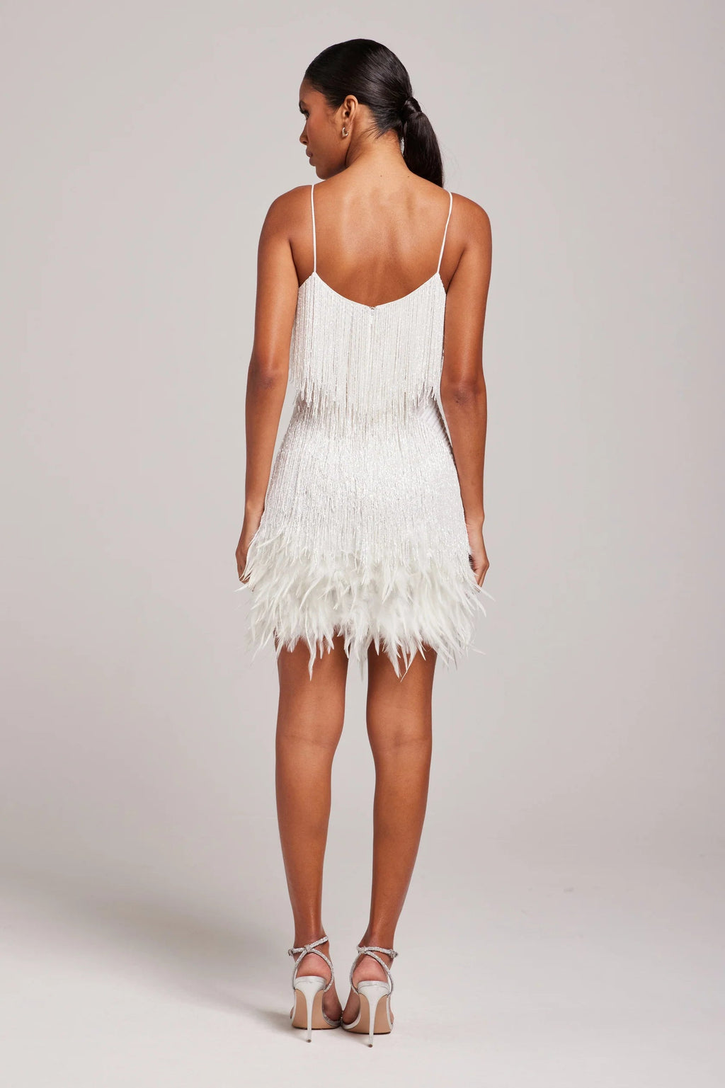 Beaded fringe cocktail dress with feather hem and spaghetti straps - view 4