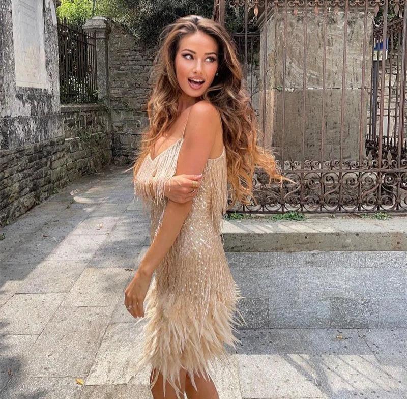 Beaded fringe cocktail dress with feather hem and spaghetti straps - view 8