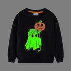 Kids black Halloween sweatshirt with ghost and jack-o'-lantern balloon print