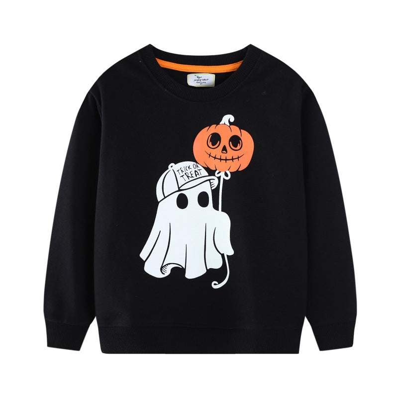 Kids black Halloween sweatshirt with ghost and jack-o'-lantern balloon print - view 2
