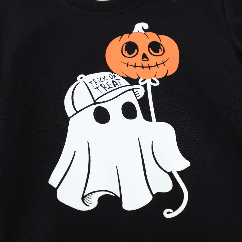 Kids black Halloween sweatshirt with ghost and jack-o'-lantern balloon print - view 4