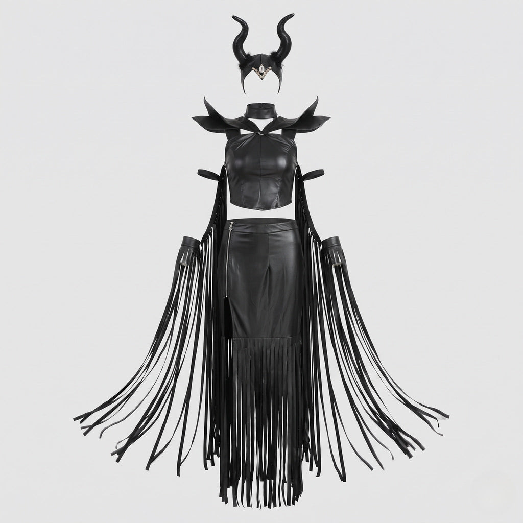 Woman in black leather-look horned Halloween costume with O-ring halter crop top and fringed slit skirt - view 5
