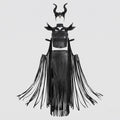 Woman in black leather-look horned Halloween costume with O-ring halter crop top and fringed slit skirt - view 5