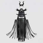 Woman in black leather-look horned Halloween costume with O-ring halter crop top and fringed slit skirt - view 5