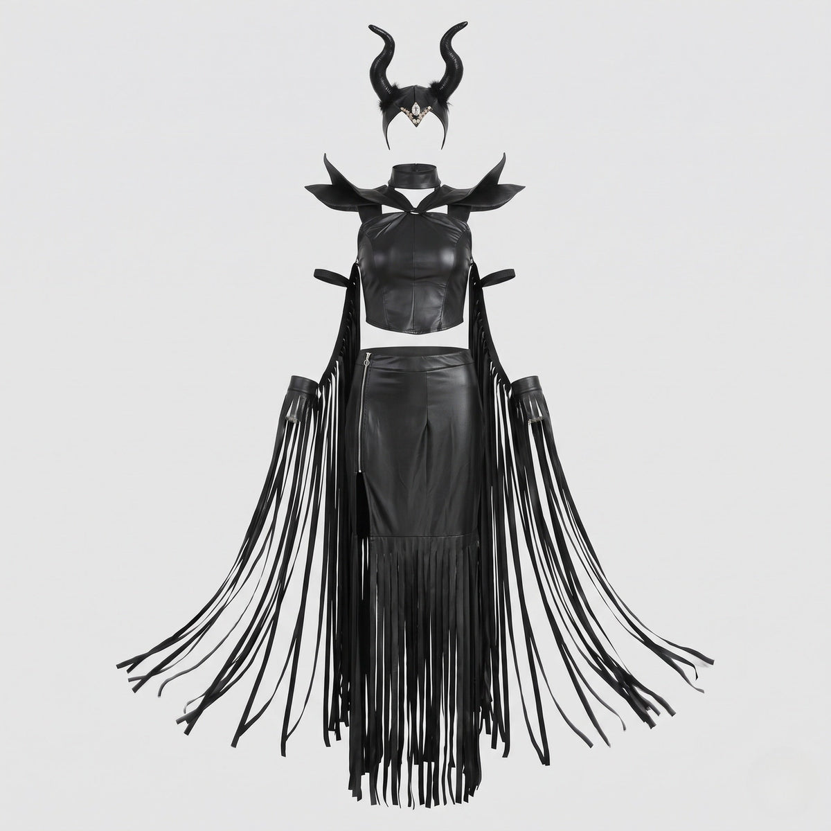 Woman in black leather-look horned Halloween costume with O-ring halter crop top and fringed slit skirt - view 5